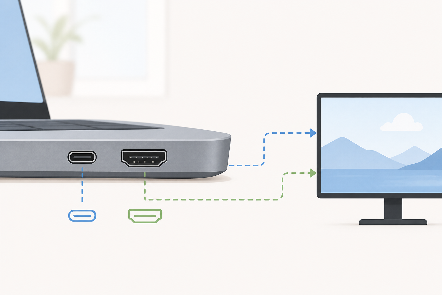 ノート側面のUSB-CとHDMI。どちらかでモニターにつなぐ