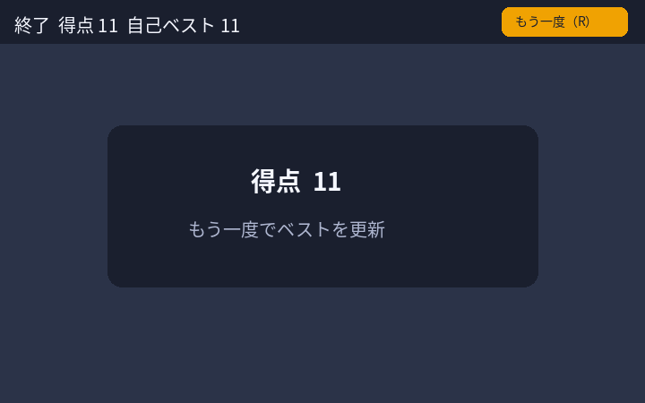 時間切れ。得点と自己ベスト、もう一度ボタン