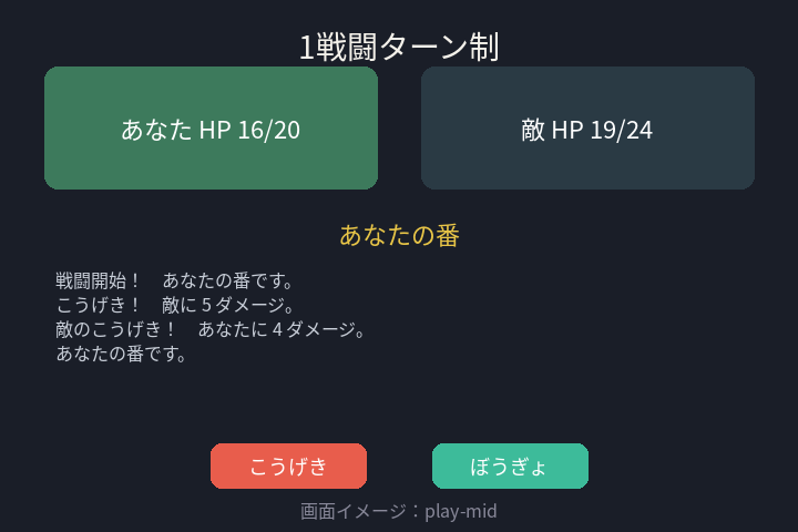 プレイヤーの番。こうげきとぼうぎょボタン、HP表示